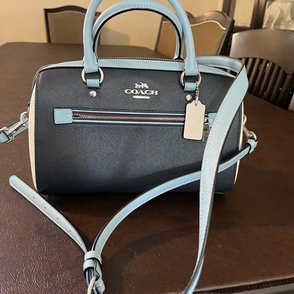 Coach Rowan satchel in navy colorblock and white signature. With shoulder strap